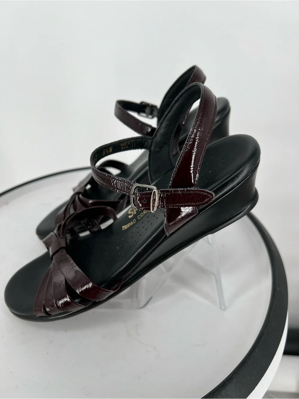 SAS Strippy Burgundy Patent Bow‎ Ankle-Strap Sandals in Deep Burgundy
